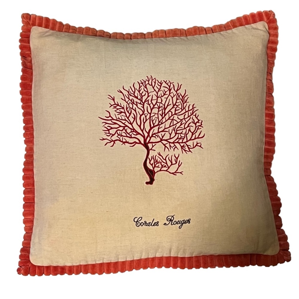 Cotton Linen Blend Coral Embroidered Accent Pillows with coral velvet trim